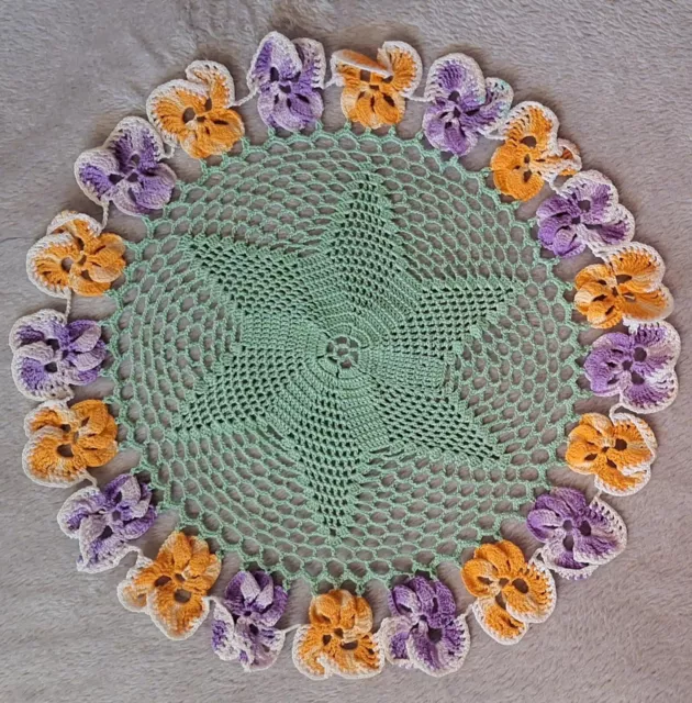 VINTAGE 3D LARGE 28.5cm ROUND DOILY x2 - Crochet PANSY FLOWERS - LOOK!