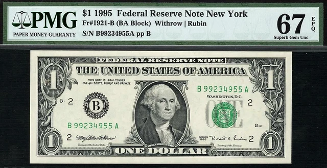 1995 $1 New York Federal Reserve Note FRN • PMG 67 EPQ 1921-B -- Only 2 Finer