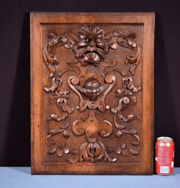 *Antique French Panel in Solid Walnut Wood with Face Highly Carved