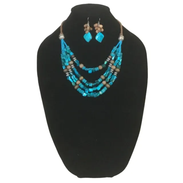 Turquoise Shell & Wood Bead Dangle Earring 4 Strand Necklace Boho Unbranded Set