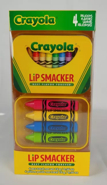 Lip Smacker CRAYOLA Lip Balm Set Best Flavor Forever 4 Sticks WITH TIN CONTAINER