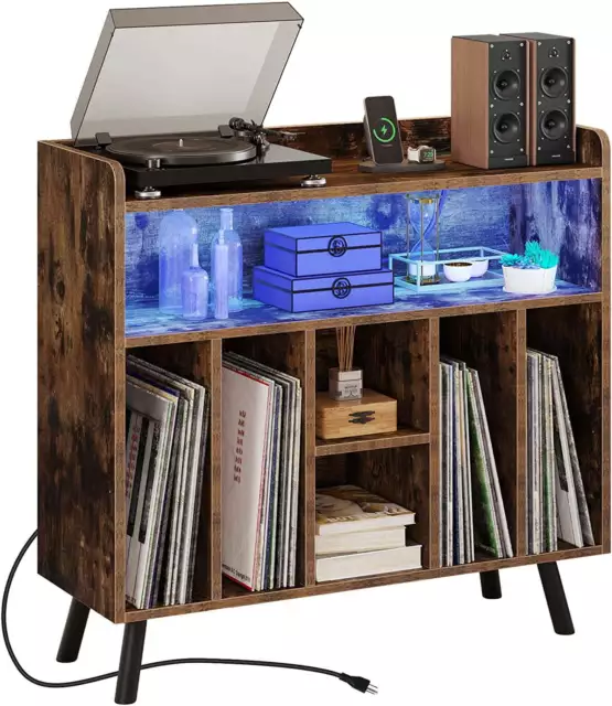 Record Player Stand W/ Power Outlets & LED Lights Storage Bedroom Living Room US