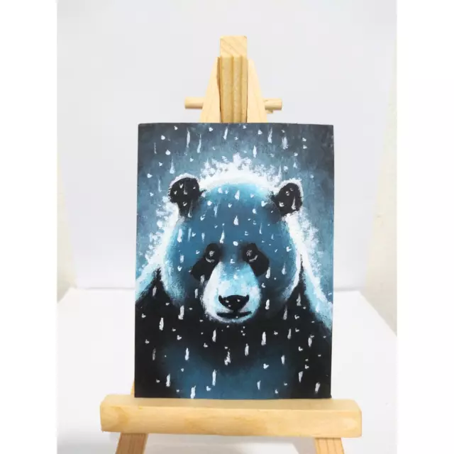 ACEO original painting giant white panda in night raining mini art OOAK Signed
