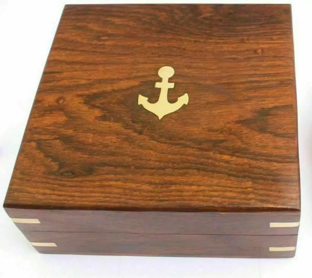 Wooden Box Brass Anchor Style Rosewood Natural Finish Gift Decore Collectible