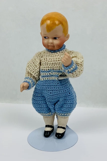 Vintage porcelain doll Very cute boy Blue and white one piece outfit 6 1/2"