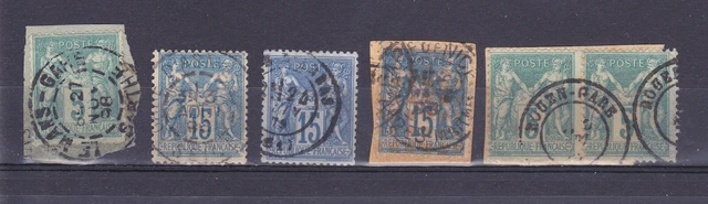 France Lot de 6 Timbres Type SAGE oblitérés Cachet GARE - Scan recto / verso