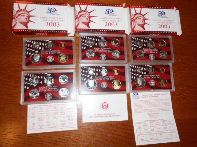 3- 2003 United States US Mint Silver Proof (10) Coin Set w/ COA $5.55 90% SILVER