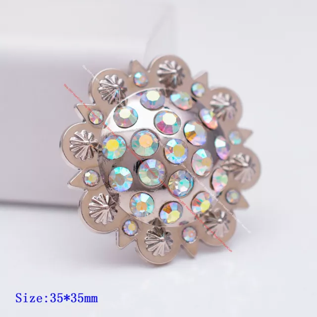 6Pcs Bling Silver Western Berry Colorful Rhinestone Saddle Leathercraft Conchos