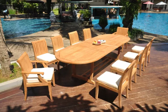 11-Pc Outdoor Teak Dining Patio Set: 117" Masc Oval Extn Table, 10 Chairs Lagos