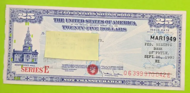 Mar 1949- $25 US Savings Bond Series E Independence Hall Philadelphia Punch Card