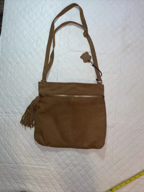 Margot New York Brown Tan Suede Leather Hobo Crossbody Bag Tassel Excellent Cond