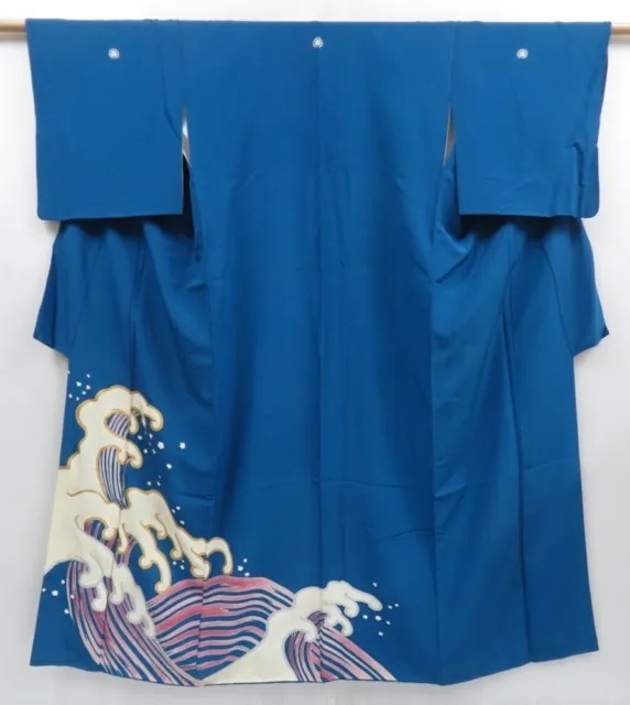 3522T04z970 Vintage Japanese Kimono Silk IROTOMESODE Wave Blue