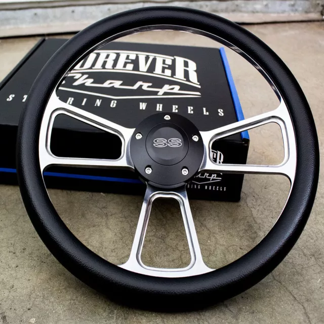 14" Billet Muscle Steering Wheel with Black Vinyl Wrap and Black SS Horn -5 Hole
