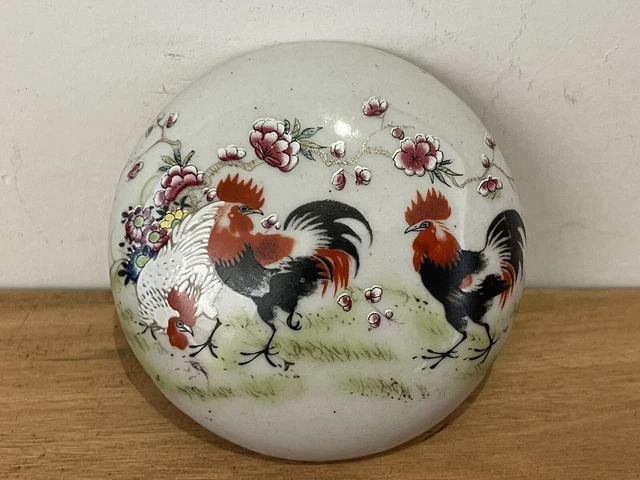 Chinese Old Marked Famille Rose Colored Flowers Rooster Porcelain Seal Paste Box