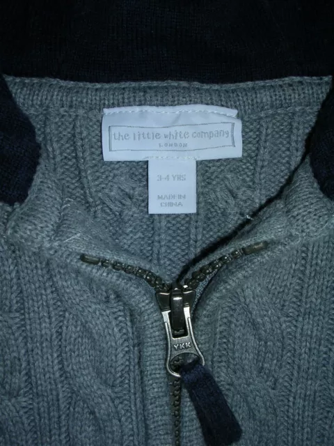 THE LITTLE WHITE COMPANY Boys Grey Hooded Cable Knitted Cardigan Age 3-4 104cm 3