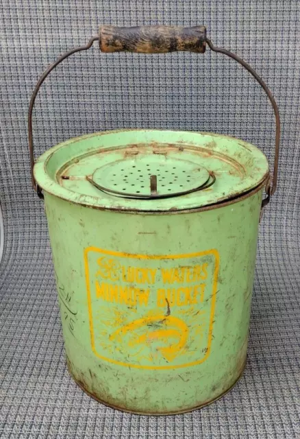 VIntage fishing green and yellow Lucky Waters Minnow Bucket complete wood  handle