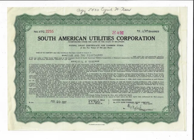 BRAZIL & ARGENTINA 1937 South American Utilities Corporation Stock Certificate