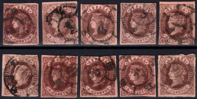 1862.Ed:º58(10).Isabel II.4 cu castaño.Lote de 10 sellos.Mat Rueda de Carreta