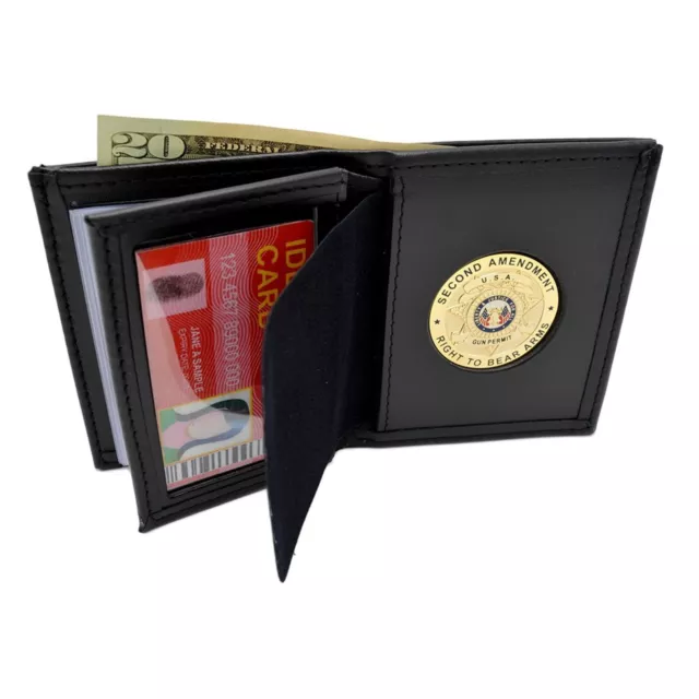 CCW CWP 2nd Amendment Gold RTBA Medallion Bi-fold Men's Leather Wallet Black