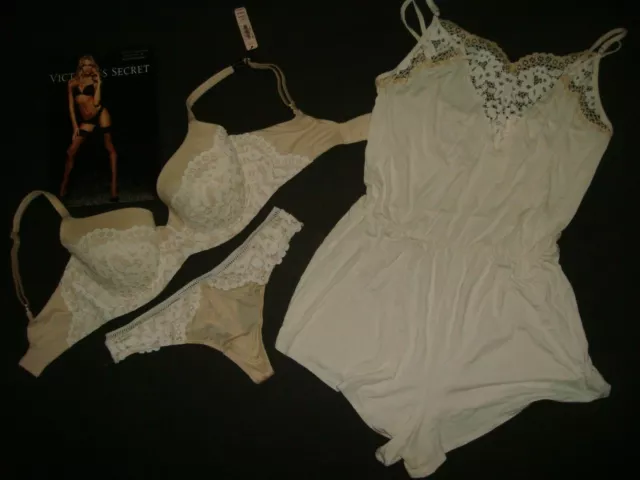 Victoria's Secret 32DDD Bh Set + Tanga + XS Strampler Teddy Beige Weiß Kokosnuss
