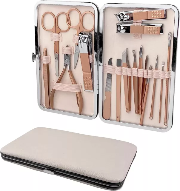 Kit Manicura Pedicura 17 piezas acero inox + estuche,cortauñas,lima,pinza,tijera