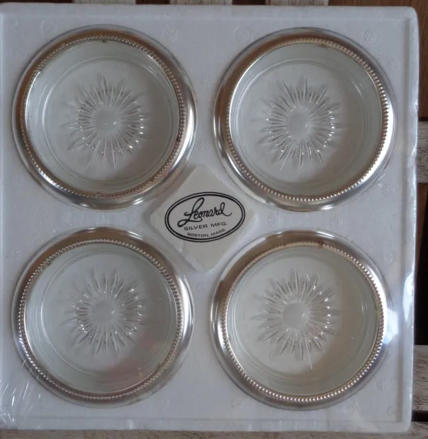 Vintage Set of 4 LEONARD Crystal Silverplated Coaster Ashtrays Made in USA ~ NEW