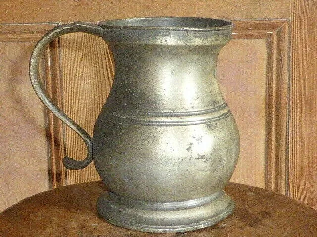 Great Antique Early Victorian Pewter Baluster 1 Quart Tankard or Measuring Jug