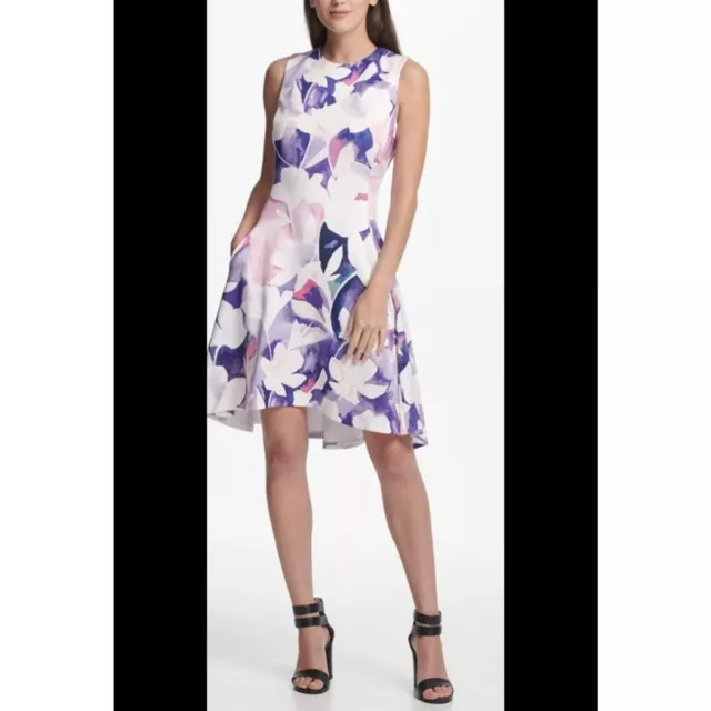 DKNY Floral Print Scuba Knit V Neck V Back Sleeveless Fit & Flare Dress, 4