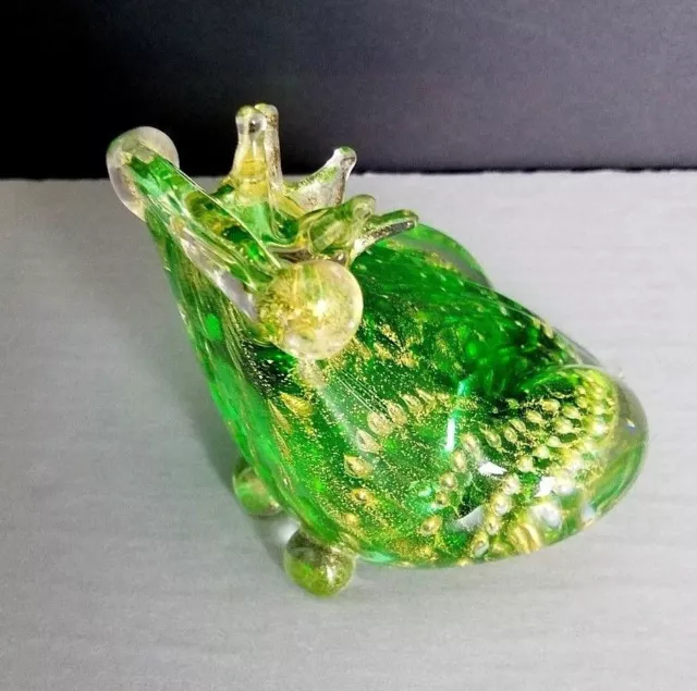 Vintage Murano Frog Figurine Blown Art Glass Aventurine Crown Green Gold