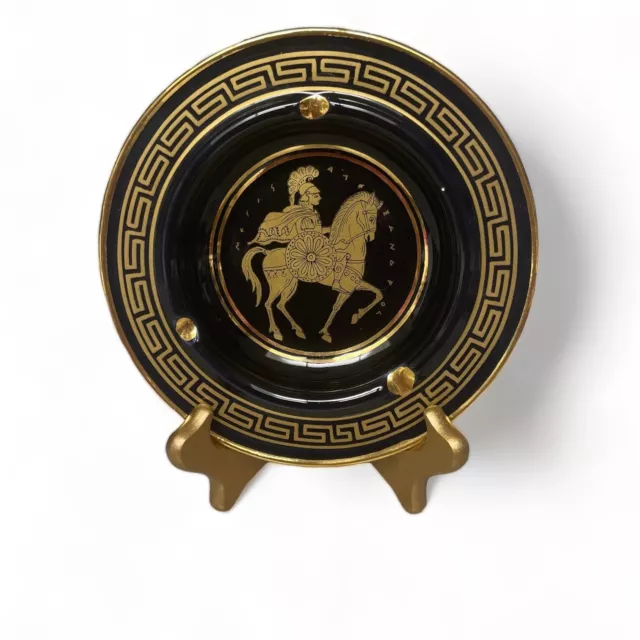 D. Vassilopoulos Greek Soldier Horse 24K Gold Trim Black Ashtray 1960s Numbered