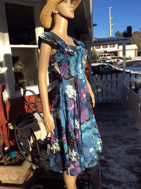 Vintage 1950'S Kamehameha Hawaiian Dress Flowers Pin Up Flared Skirt Rockabilly