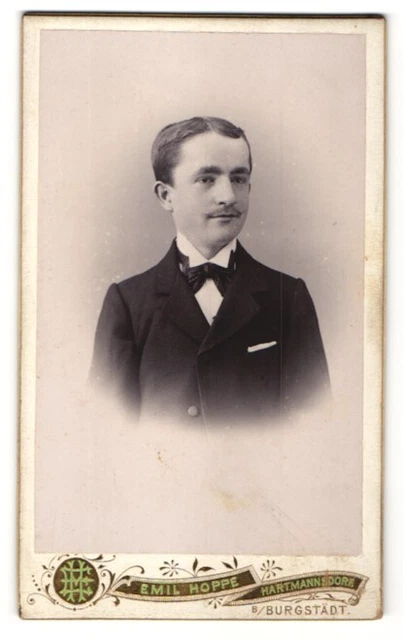 Fotografie Emil Hoppe, Hartmannsdorf / Burgstädt, junger Herr im Anzug mit Flie