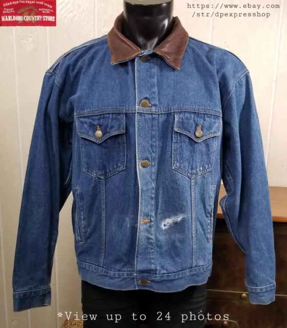 Vintage Marlboro Country Store Denim Jacket Leather Collar Men's Sz Large *Notes