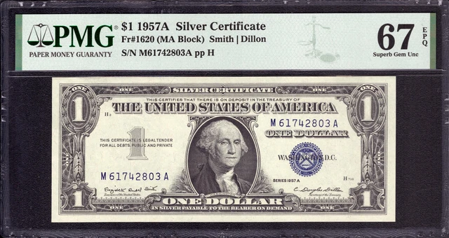 1957 A $1 Silver Certficate Note Fr.1620 Ma Block Pmg Superb Gem Unc 67 Epq