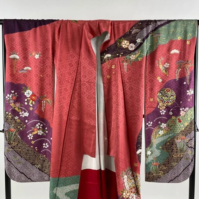 Woman Japanese Kimono Furisode Silk Temari Flower Gold Thread Embroidery Red 4