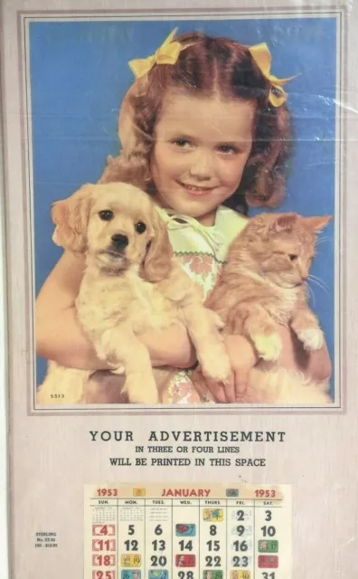 Vintage Girl with Dog and Cat  Advertising Calendar  1953