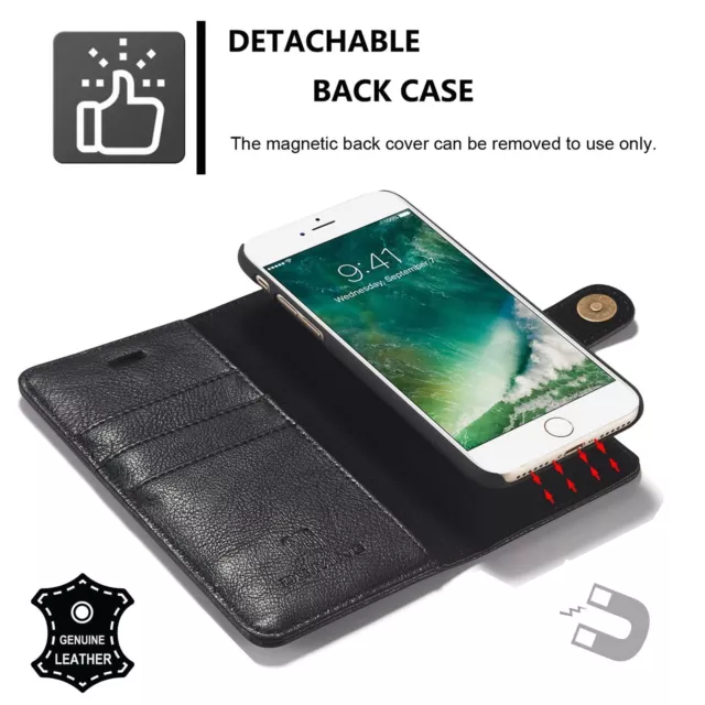 Black Magnetic Flip Wallet Genuine Leather Detachable Case For iPhone 8 7 6 Plus