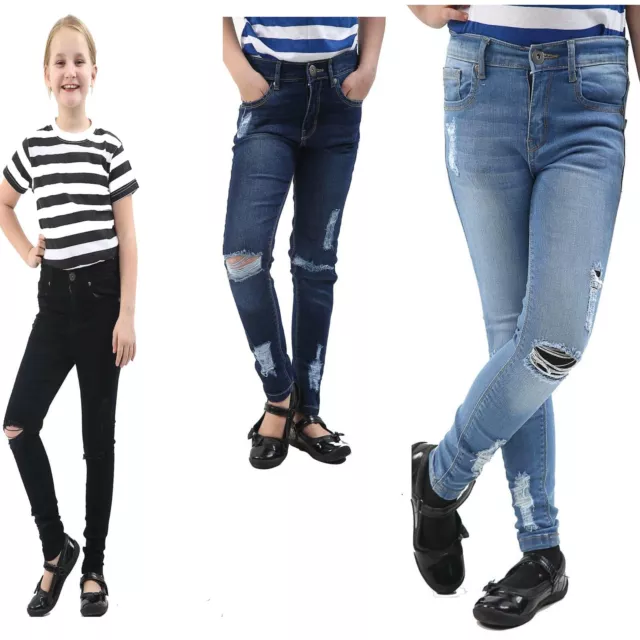 New Girls Kids Childrens Skinny Stretch Denim Extreme Ripped Jeans Age 5-13