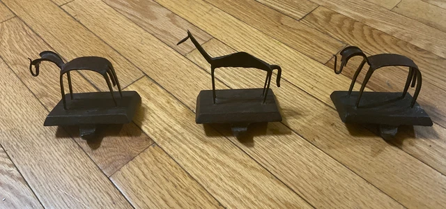Cart Iron Fireplace Mantle Holder Hanger Vintage Old Set  Elephants And Giraffe