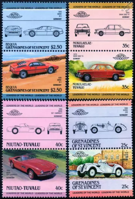 BMW Collection of 8 Car Stamps (Auto 100 / Leaders of the World)