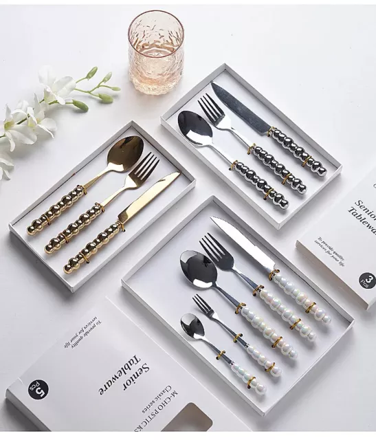 Stainless Steel Pearl Knife Fork Spoon Cutlery Set Luxury Retro Look for Wedding