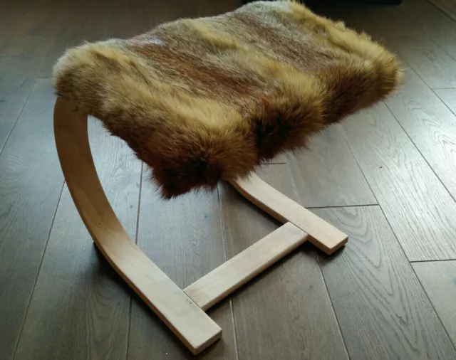 Handmade Art Deco Wooden Wood Stool with Real Fox Fur Seat Sitting chair