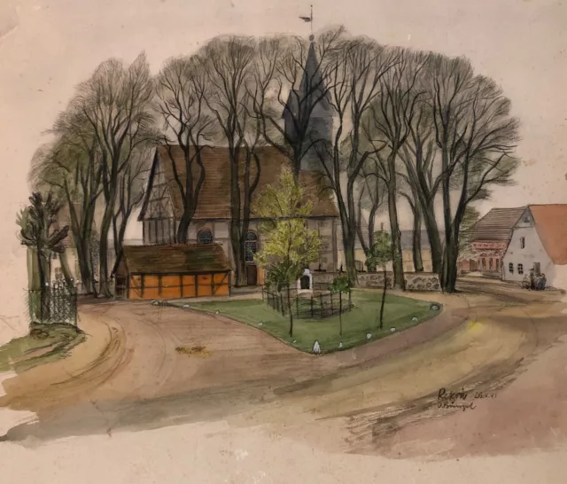 Altes Aquarell Bild Zeichnung Gemälde original signiert 1941 Antik Kirche