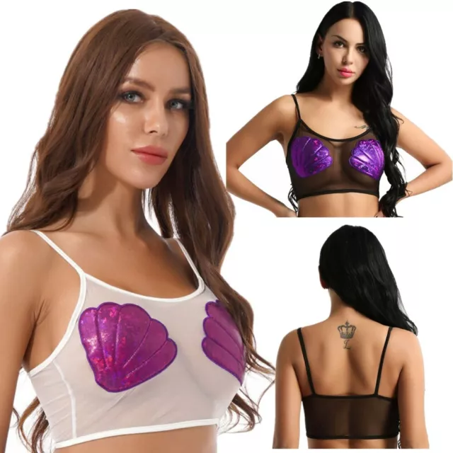 Women's Mermaid Sea Shell Bra Vest Spaghetti Strap Sheer Mesh Camisole Crop Top