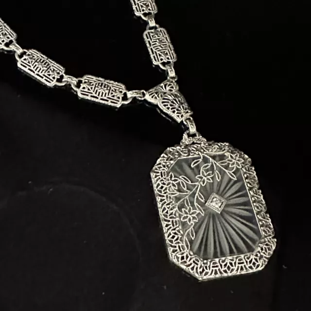 vintage camphor glass art deco 14k white gold filigree necklace 16"