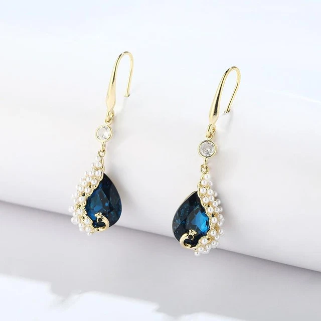 Betsey Johnson Rhinestone Pearl Blue Peacock Drop Earrings