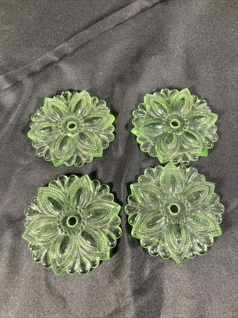 4 Antique Uranium Pressed Sandwich Glass Flower Curtain Tie-Backs No Brackets