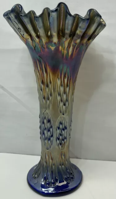 VINTAGE Fenton Knotted Beads blue iridescent CARNIVAL ART GLASS Vase 9”