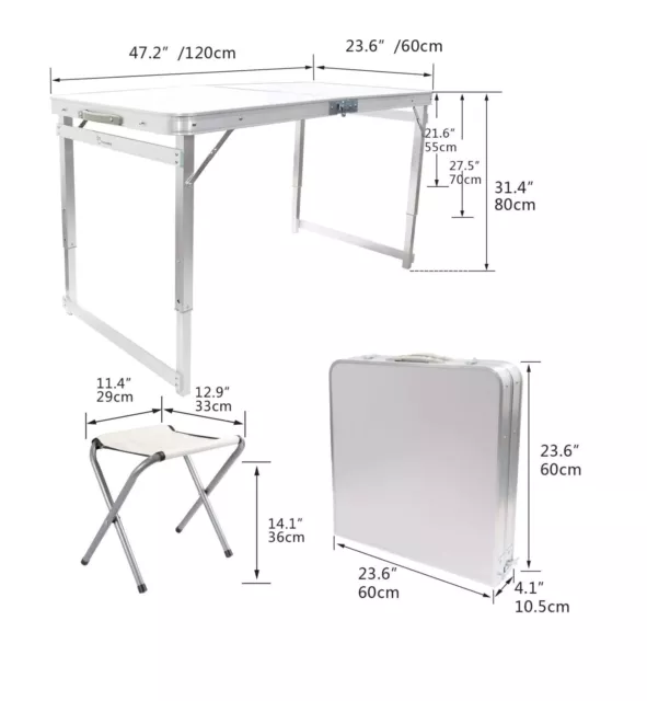 Tavolo Tavolino Pieghevole da Campeggio Picnic 120x60cm con 4 Sgabelli Alluminio 2