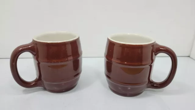 Two Vintage Hall Brown Barrel Shaped Mugs Cups 536 EUC Heavy USA